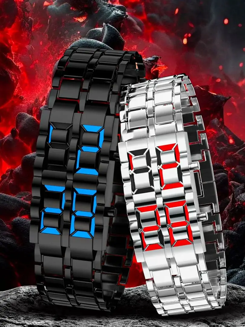 Fashion Black Full Metal Digital Lava Wrist Watch Men Blue LED Display Mens Watches Gifts for Male Boy Sport Creative Clock