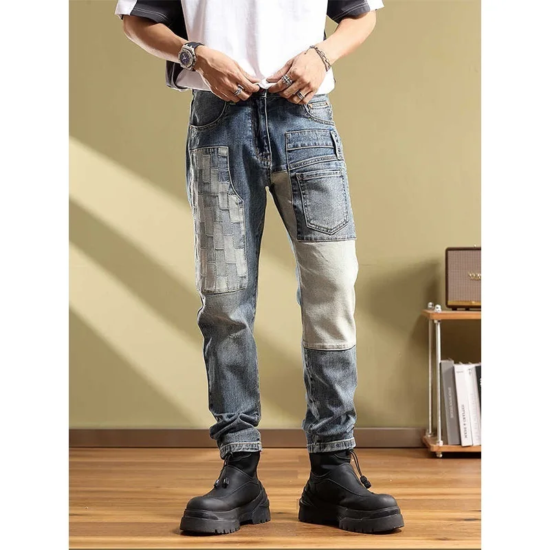 

Trendy Brand Men's Jeans Spring Autumn Slim Straight Casual Patchwork Color Blo Long Pants Youth Faion Denim orts
