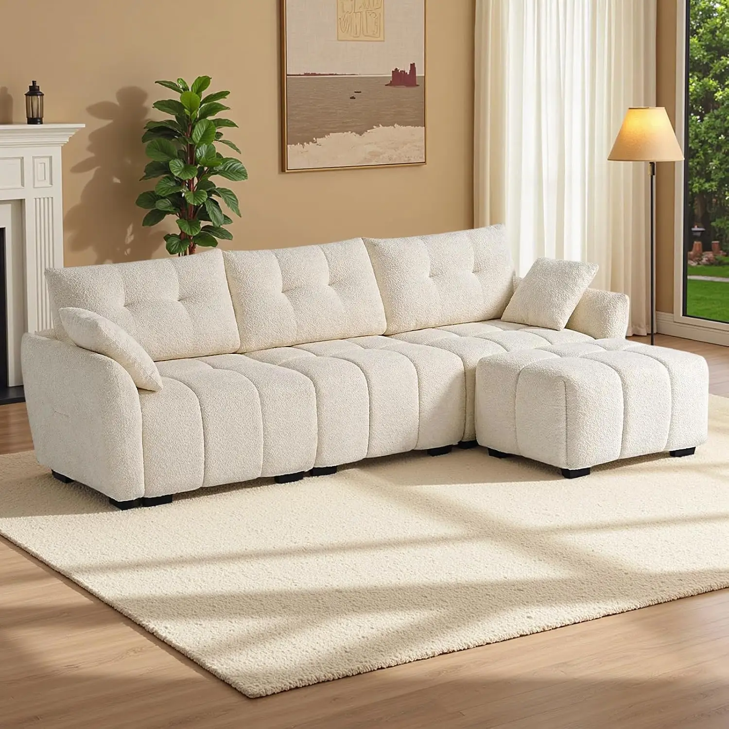 L-Shaped Modular Sofa with Movable Ottoman, 3 Seater Chenille Deep Seat Couch with Pillow for Living Room, White, Customized