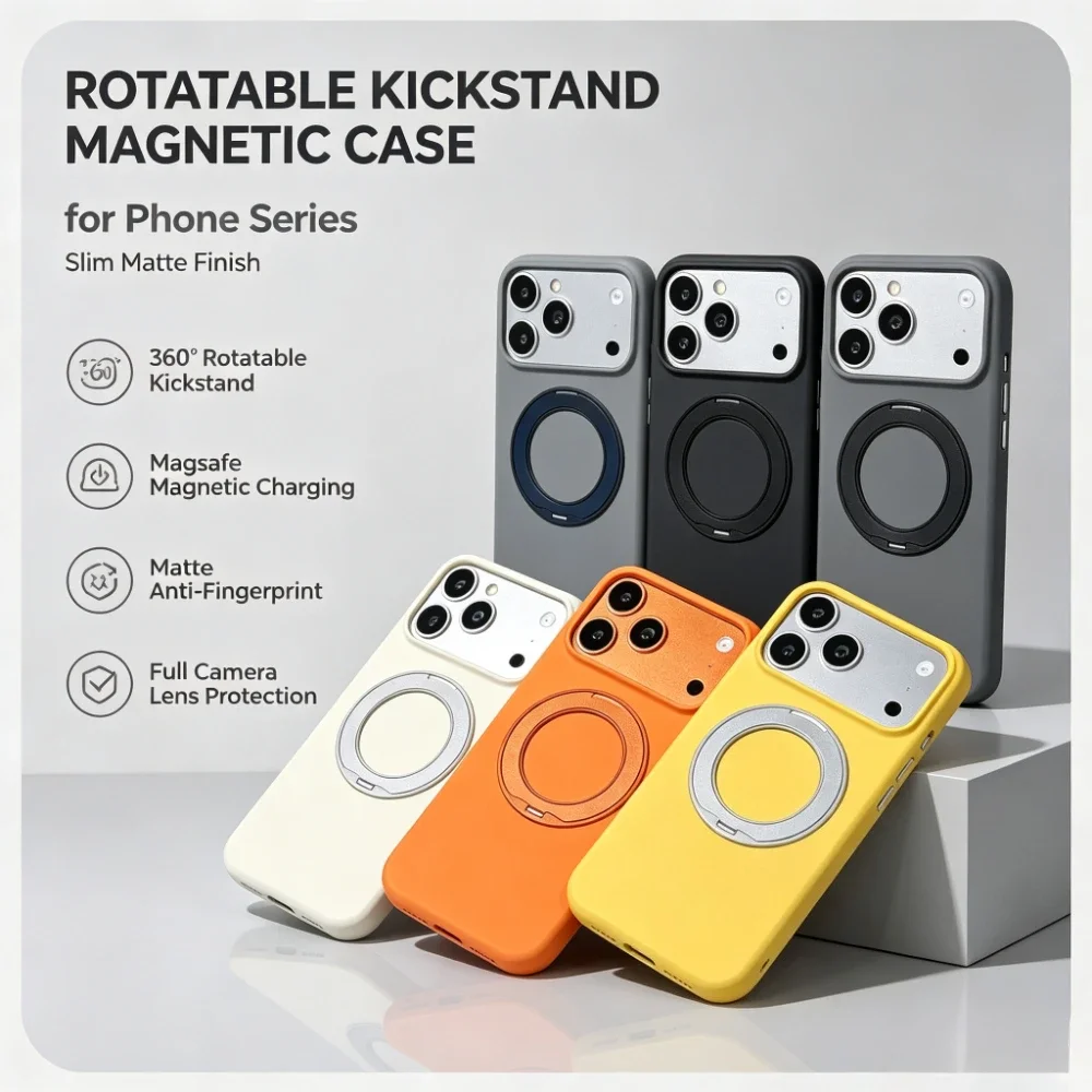 Luxury Frosted Rock Sand SKin Feel Case for iPhone 18 Pro Max 16 17 Pro for Magsafe Rotate Bracket Shockproof Protect Back Cover