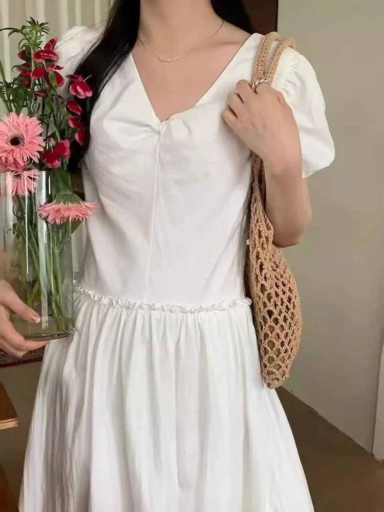 Anti-âge noeud V-Ne Bubble Sve Dr femmes été nouveau rétro pause thé longue Dr fibre de polyester trajet Sle ort...