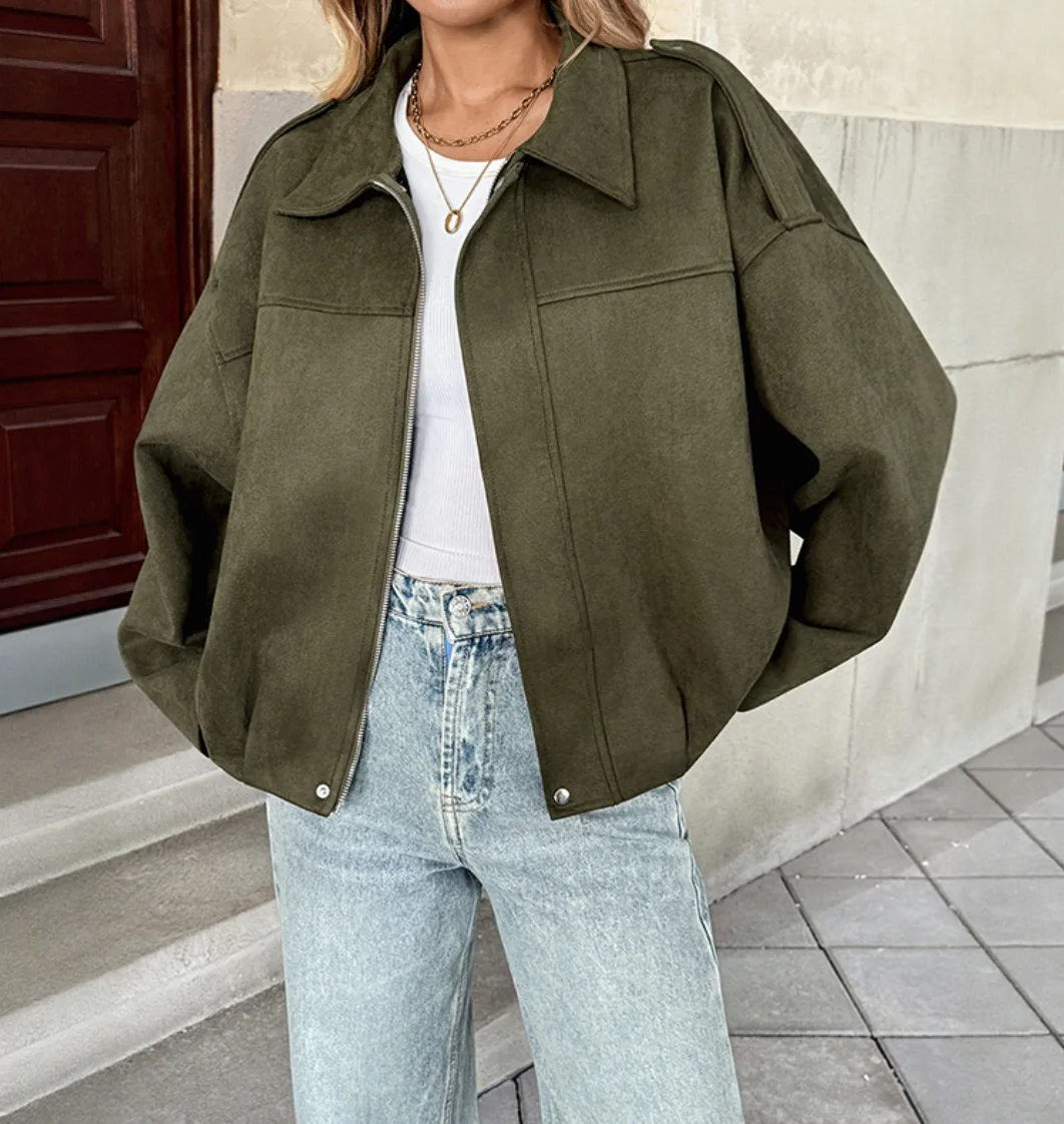 Women’s Cropped Jacket, Lapel Collar Zip Up Loose Fit with Drop Shoulders, Solid Color Casual Style, 2026 Autumn