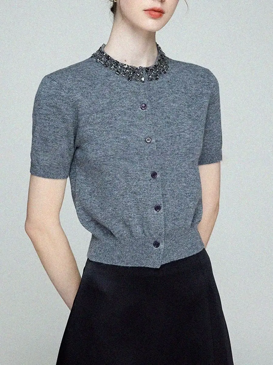 diamond round neck knitted cardigan women's gray thin short-sleeved T-shirt summer ice silk foreign style shirt 4