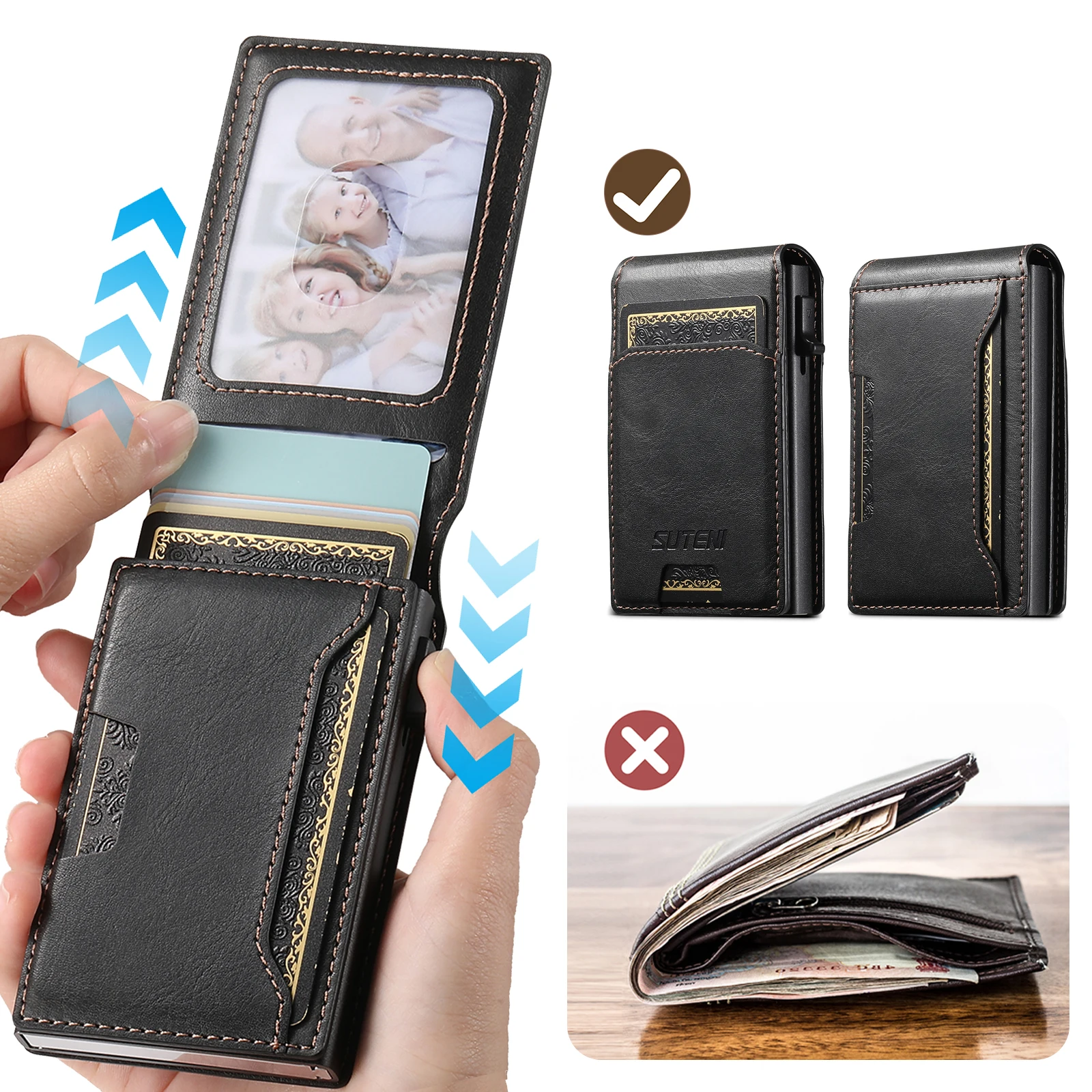 SUTENI Kartensteckplatz, Brieftasche, Flip-Cover, Kartenbox aus Kunstleder, drückt den Knopf automatisch die Karte aus – Detail 15