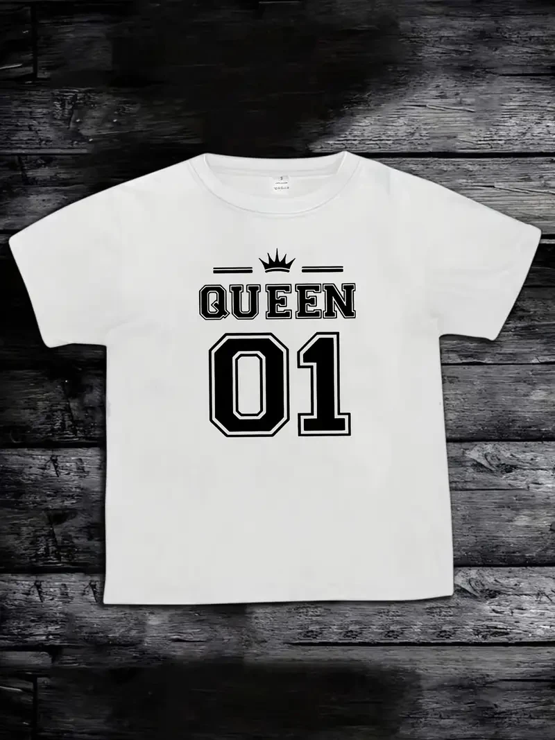 

1pc Women'S Casual Polyester T-Shirt with "QUEEN 01" Print Crew Neck Knit Fabric Alphabet Pattern Fashionable Summer Top