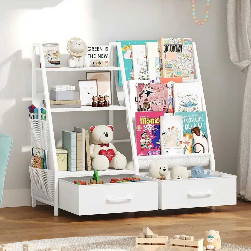 

Kids Bookshel and Toy Storage,3-Tier Sling Bookcase or Kids,Sturdy Toddler Bookshel or Nursery,Playroom, Bedroom,White KBWT8401