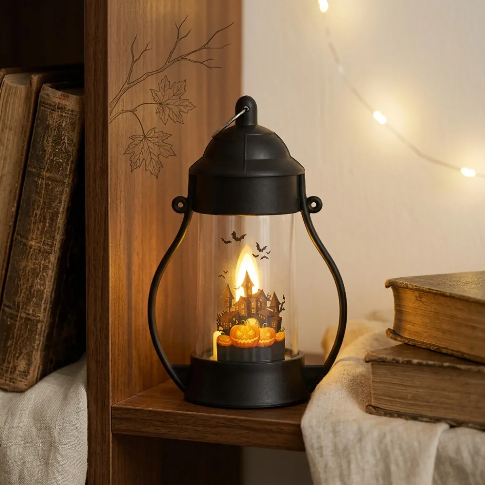 Vintage Halloween Wind Lamp Cylindrical Castle Ghost Pattern Pumpkin Wind Lantern Warm Yellow Light Cartoon