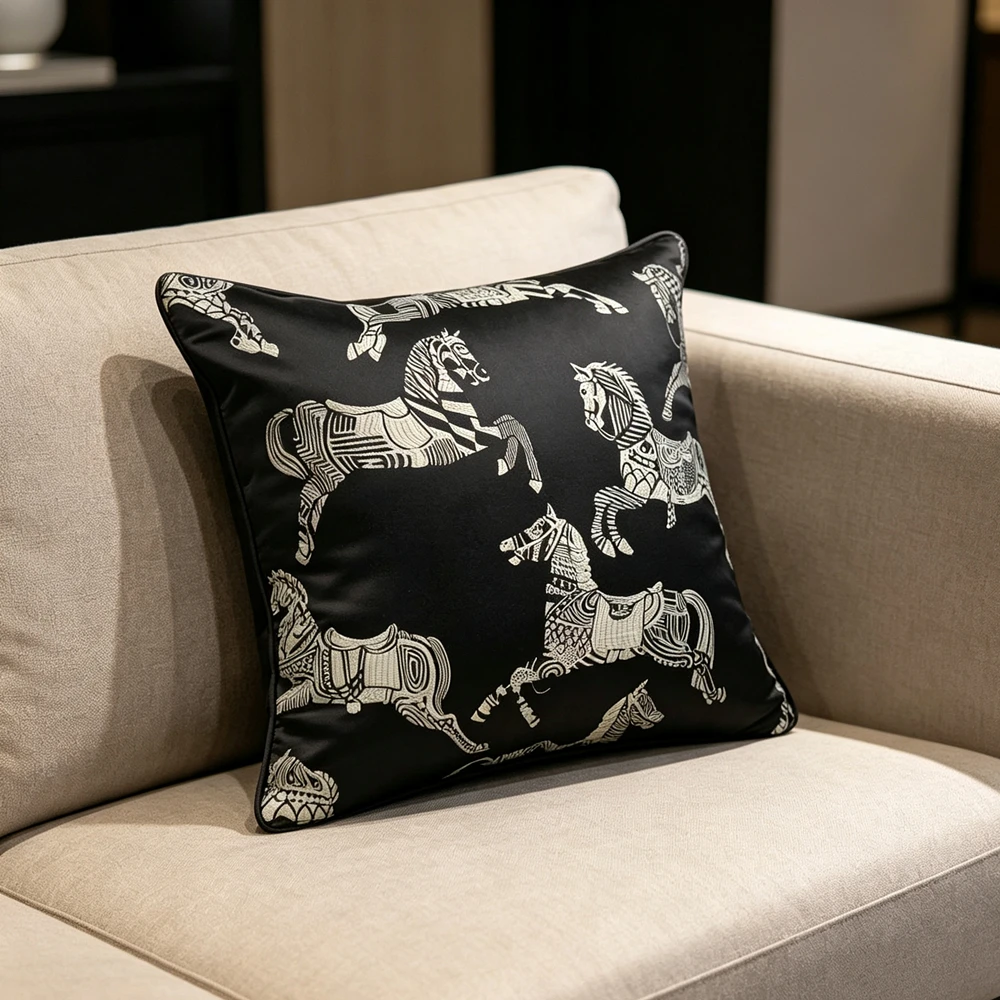 Fashion Soft Pillow Case Black Horse Skyblue Woven Interior Designer Quality Cushion Cover Sofa Window Furnishings 45x45cm