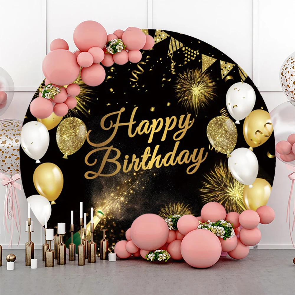 Adult Happy Birthday Round Backdrop Cover White Gold Glitter Balloon Circle Photography Background Baby Shower Kids Photo Studio