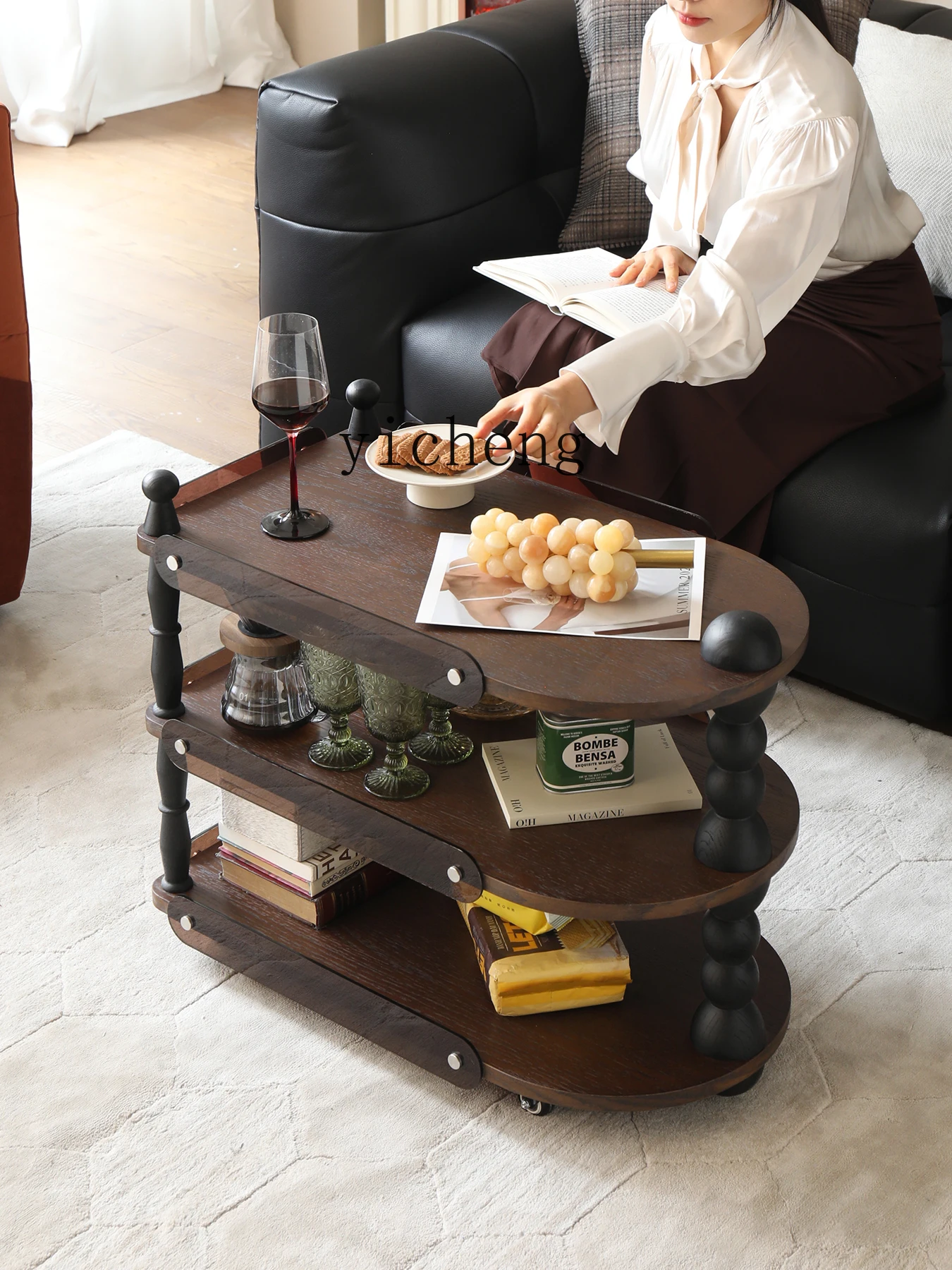 Zk Solid Wood Household Small Apartment Movable Trolley Living Room Sofa Side Table Storage Rack