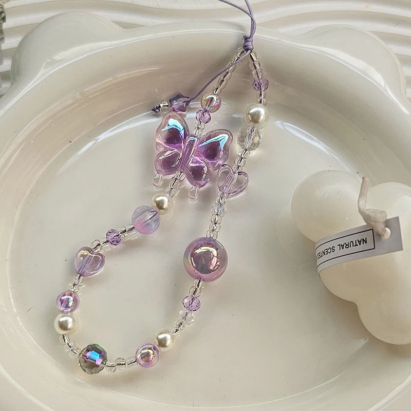 Light Purple Ins Style Y2K Heart Butterfly Pendant Phone Strap Charm Lanyard Anti Loss Keychain Camera Hanging Chain DIY Decor