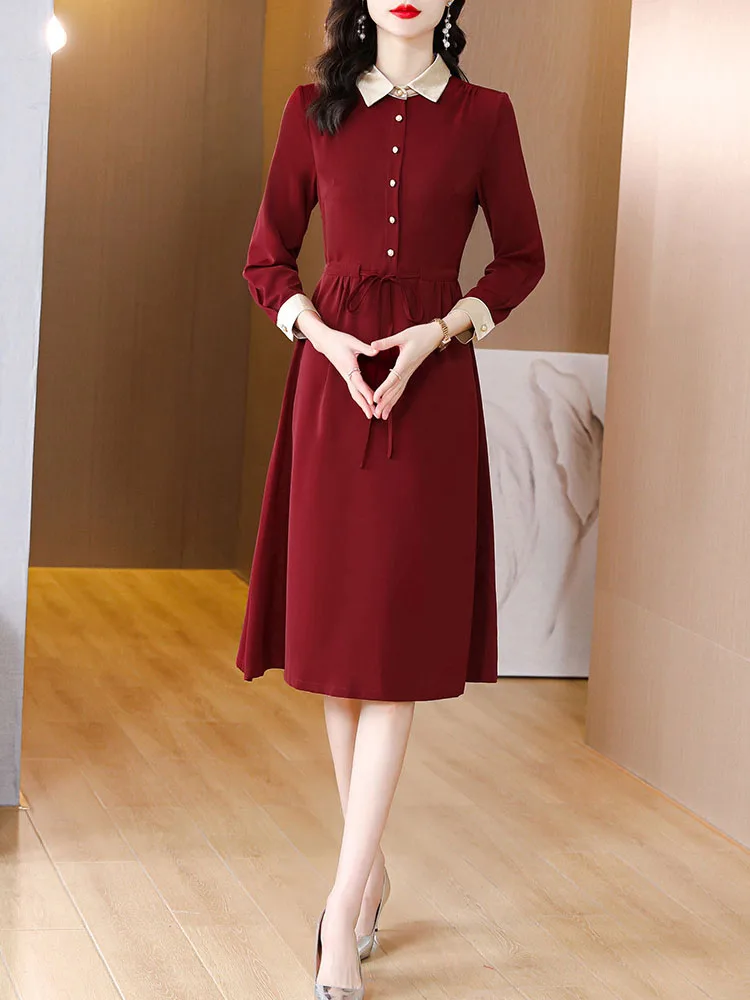 

Elegant Solid Color Women Dress 2023 Autumn/Winter Long Sleeve A-line Skirt Red Lapel High-end Long Dress for Middle Aged Mother