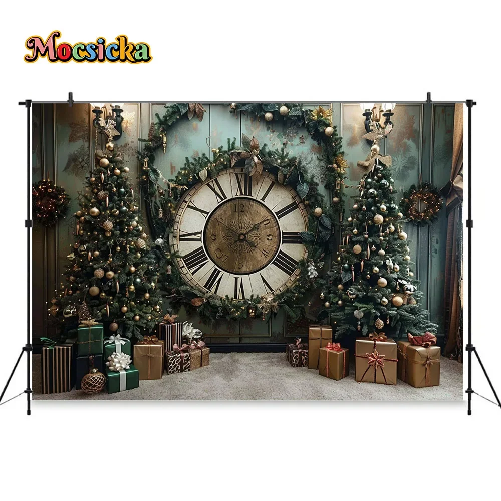 Merry Christmas Backdrops for Photography Giant Clock Xmas Tree Gift Green Background Decor Family Home Party Photozone Studio