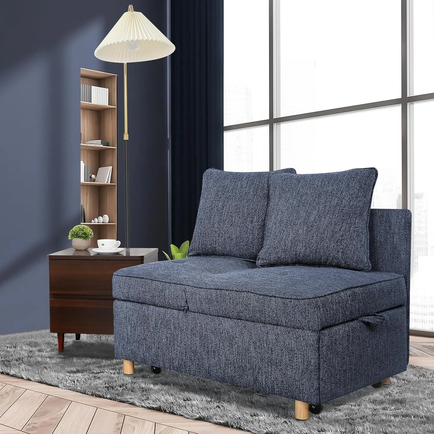 Four in one convertible sofa and long sofa, 3-seater linen double sofa with 2 pillows, 5 adjustable backrests, blue image 3
