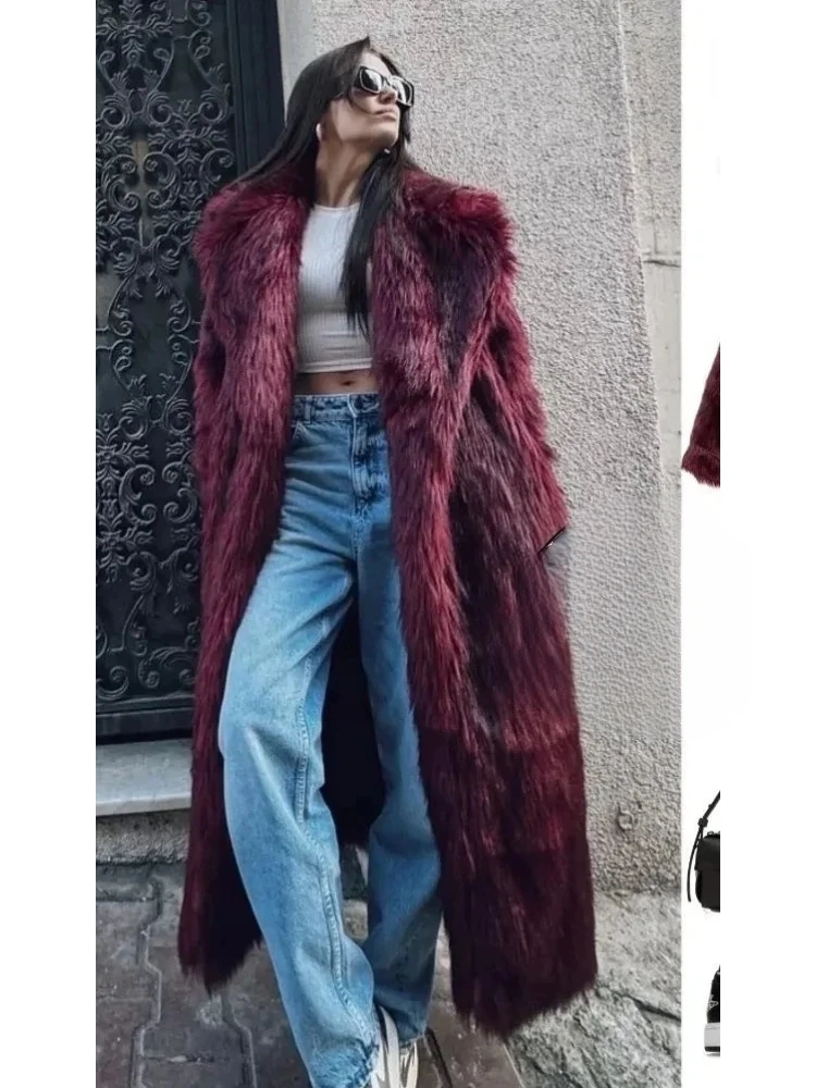 European American Fashionable Heavy Warm Elegant Burgundy Faux Fur Coat Exquisite Charming Gorgeous Temperament Winter Outerwear