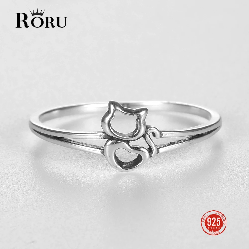 RORU Retro Cat Shape with Heart Hollow Out Ring 925 Sterling Silver Korean Version Creative Fine Jewelry Gifts for Women Friends