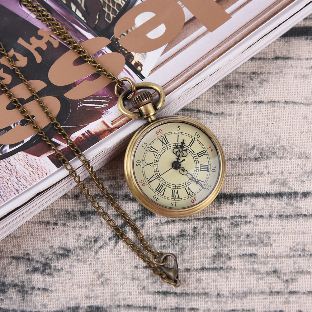 Simple Vintage Style Steampunk Beige Dial Roman Numbers Small Pocket Watch Necklace Pendant