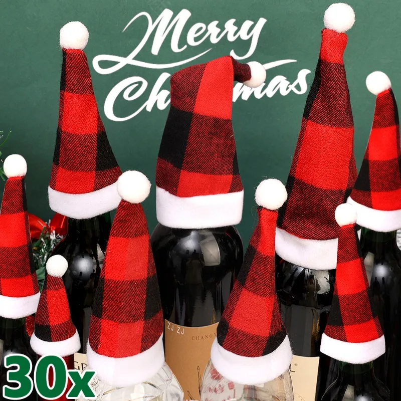 Fundas para botellas de vino y sombreros de Papá Noel, cubiertas para piruletas, cuchillo, tenedor, bolsas de bolsillo de almacenamiento, vajilla para fiesta de año nuevo y Navidad, 3/30 piezas