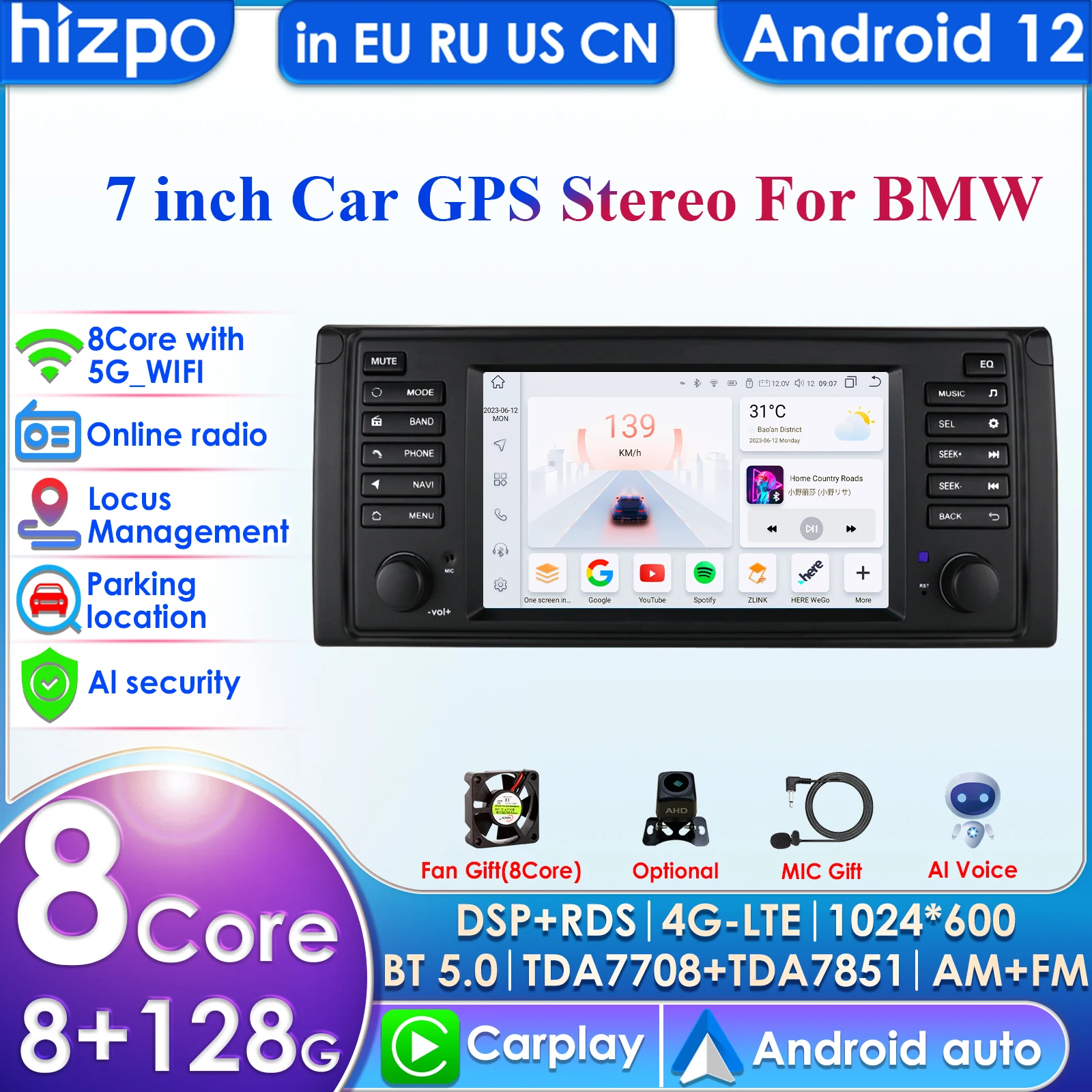 

8+128G 2 Din Android 13 Car Multimedia Player Navigation for BMW E39 E53 M5 1995-2003 Audio Stereo BT GPS Wifi Carplay Autoradio