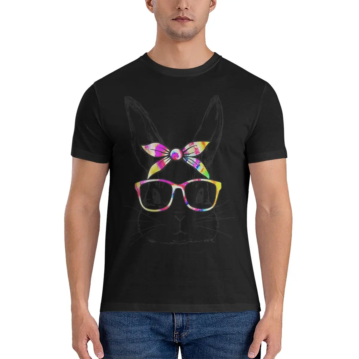 Easter Bunny Face Tie-Dye Glasses Kawaii Funny Men's T-Shirts Man Clothes Dad Gifts Anime Men T shirt Printed T-Shirt