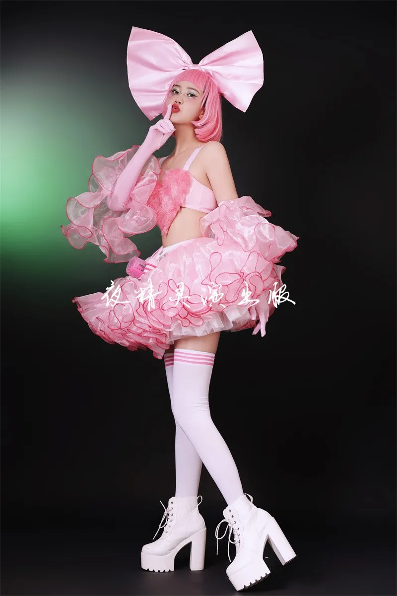 Nightclub Bar Female Gogo Dance Team Lovely Performance Costume Carnival Party Festival Clothes Sexy Pink Sweet Fluffy Skirt Set