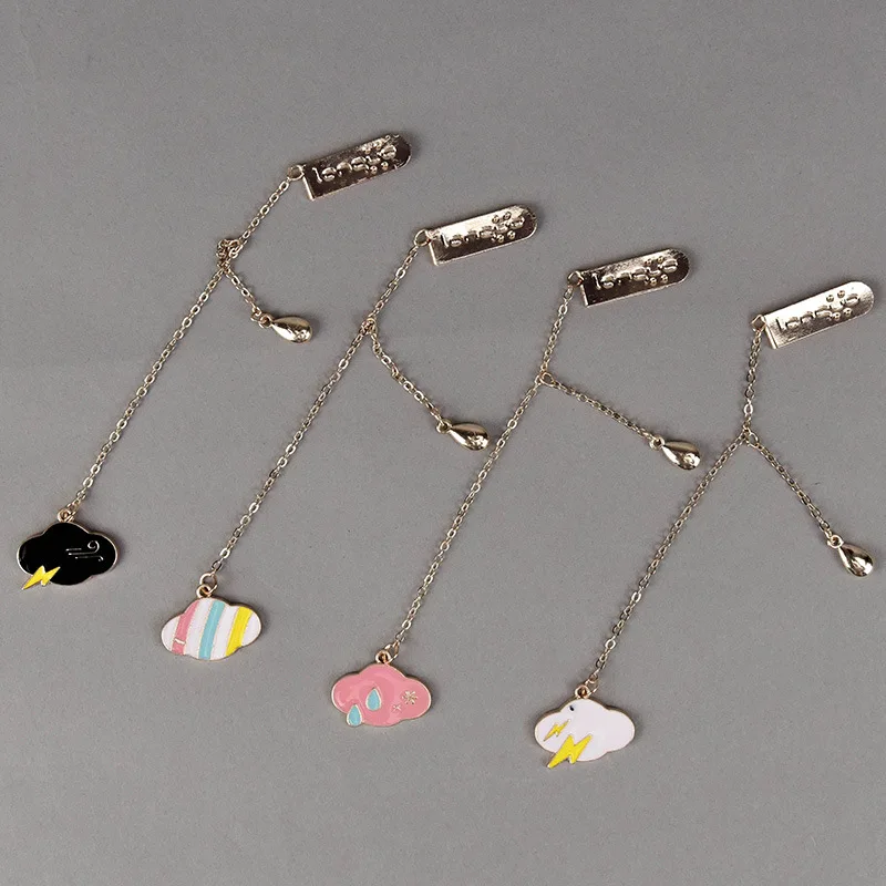 4PCS Weather Cloud Metal Chain Bookmark Rainbow Rain Lightning Enamel Pendant Page Marker Cute Stationery Gift for Readers