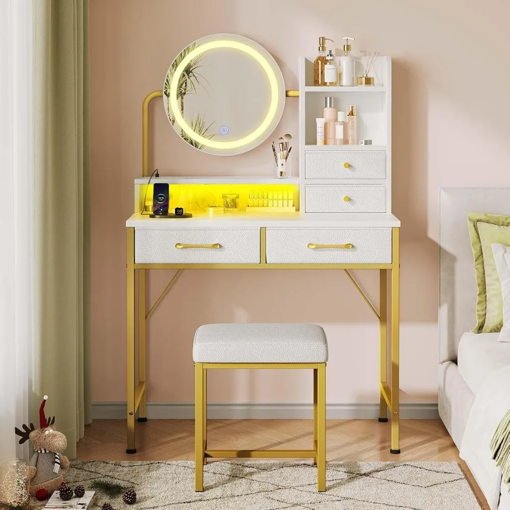 

Dressing table with lighted mirror and LED light, with power socket and 4 storage drawers, including bedroom dressing stool