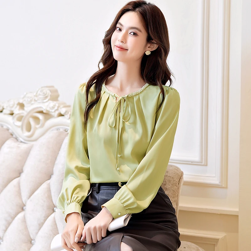 Camicetta da donna Camicia Nuova manica lunga O-Collo Elegante pizzo con perline Camicetta Camicia Donna Top Camicette Camicie Blusas Camisas Q1350