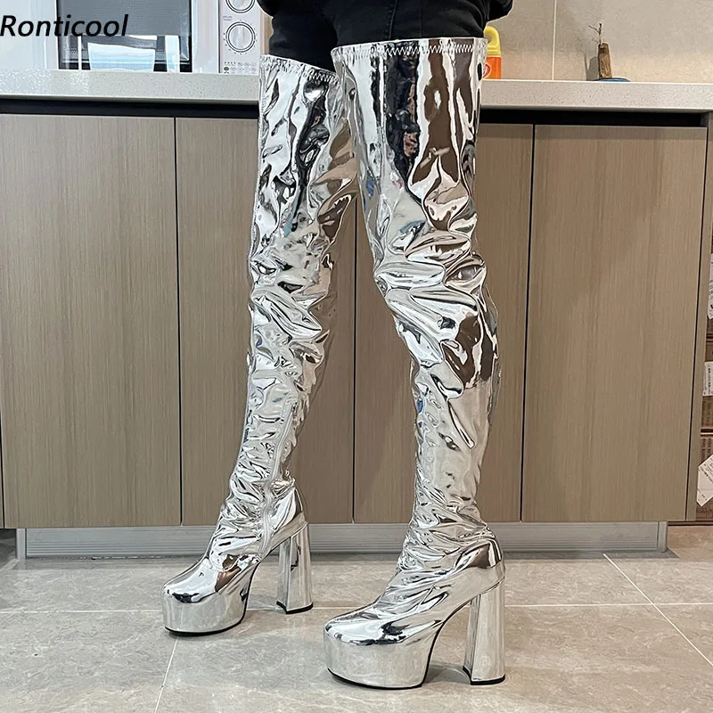 Ronticool, recién llegado, botas hasta el muslo con plataforma para mujer, tacones altos gruesos brillantes, punta redonda, zapatos de fiesta dorados y plateados, talla estadounidense 5-20