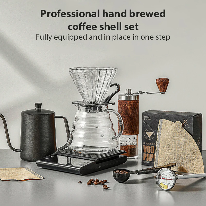 6pc Set Coffee Kits Coffee Accessories Manual Grinder Mill Glass Pot with Filter Dripper Gooseneck Kettle Specialized Barista