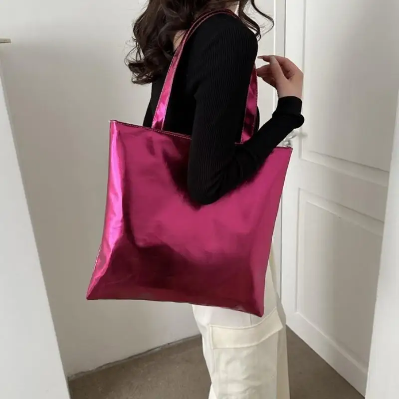 

High Capacity Fashion Glossy Tote Bag for Women Water Resistant PU Leather Handbag for Grocery Work Travel