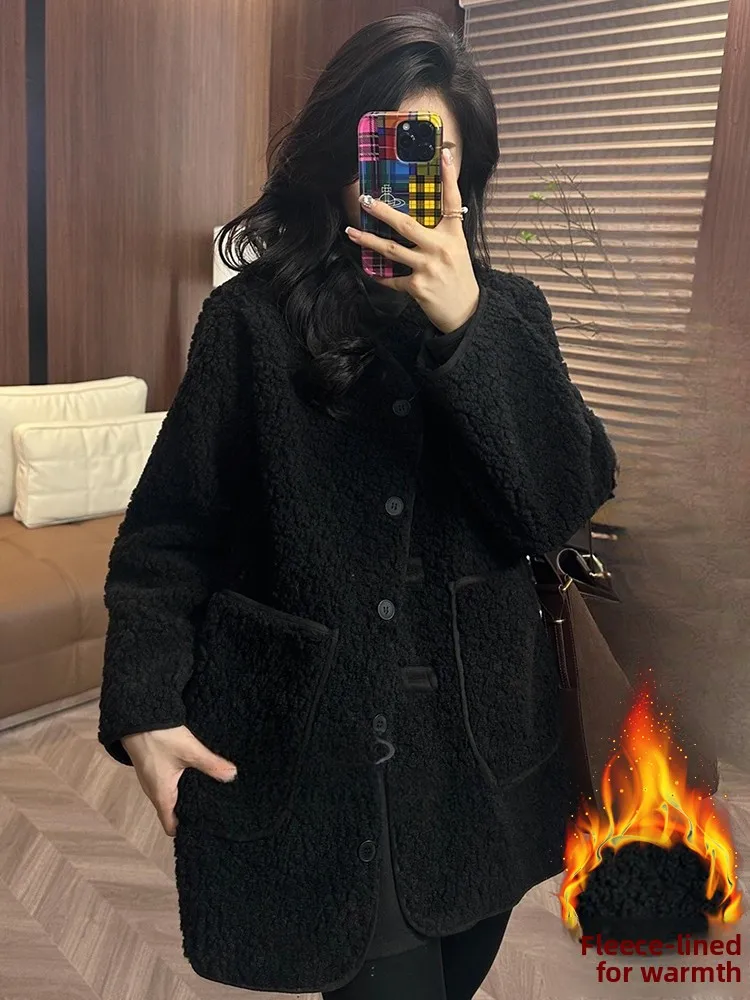 الكورية Sle ort لامب الفراء Jaet المرأة شتاء جديد Faion عادية Thiened الدافئة أعلى جولة Ne زر إغلاق طويل Sve