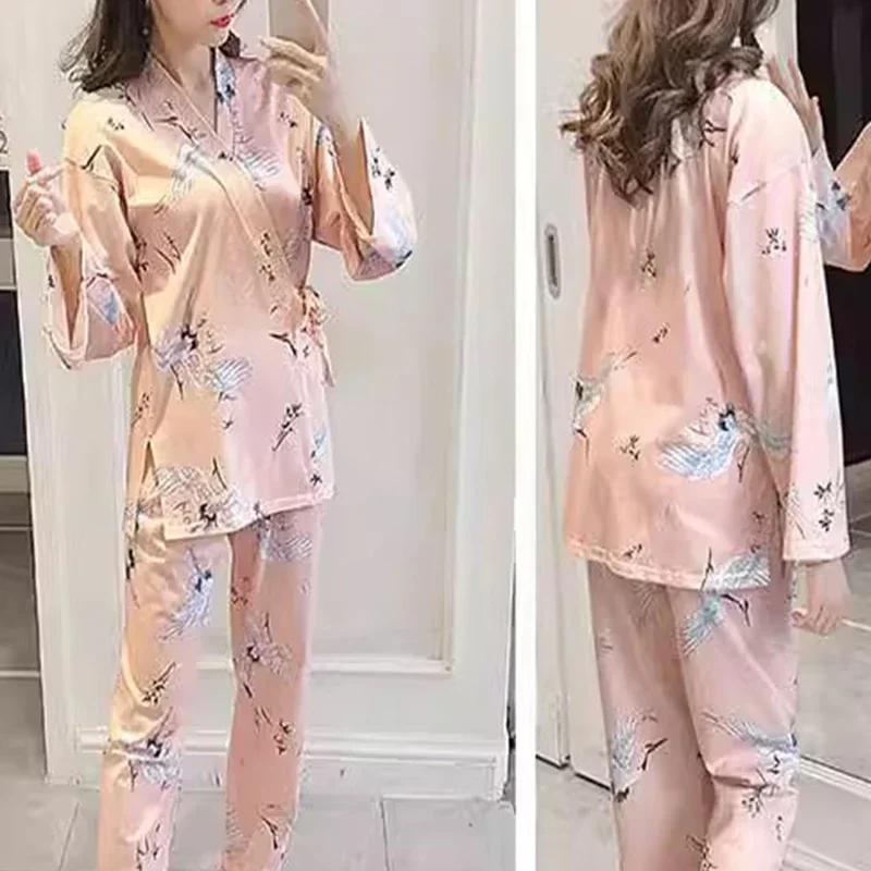 

Пижамный комплект для женщин, большие размеры, кимоно с длинными рукавами и героями мультфильмов, пижамы, брюки на шнуровке, студенческая одежда для дома, ночная одежда, женская сексуальная одежда