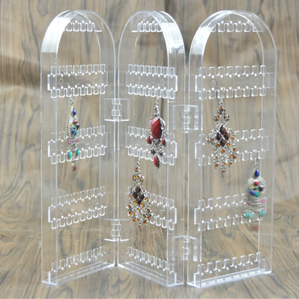 

Three Parts Transparent Folding Plastic Earring Holder Stand Jewelry Display Organizer Screen for Rings Earrings