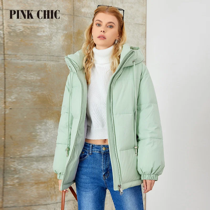 PINK CHIC 2023  New Winter Coat Women Down Jackets Fashion Classic Warm Lace up Hooded short version Parka Female W8271