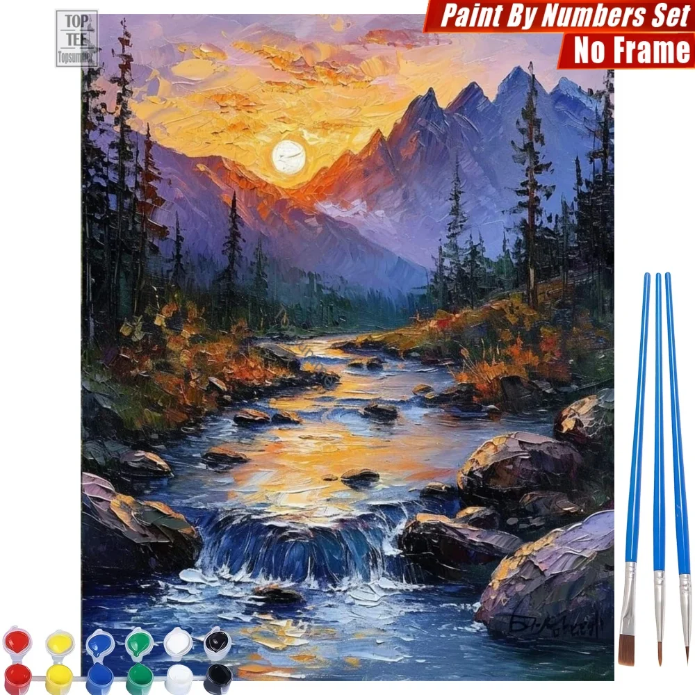 

Shimmering Sunset River DIY Painting By Numbers Kit - Winding Rolling Mountains Halloween Gift For Girlfriend
