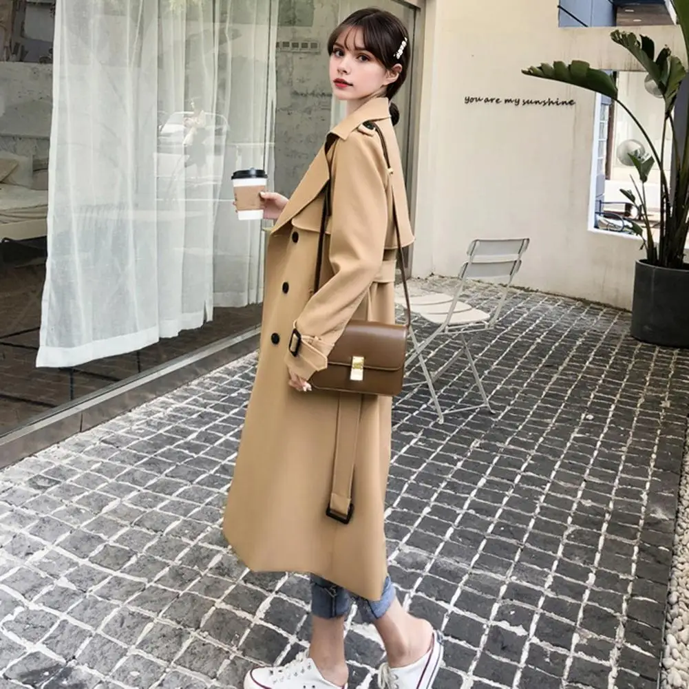 Women Classic Coat Long Sleeve Coat Stylish Double-breasted Women\'s Jacket with Belt Mid Length Windproof Overcoat for Fall