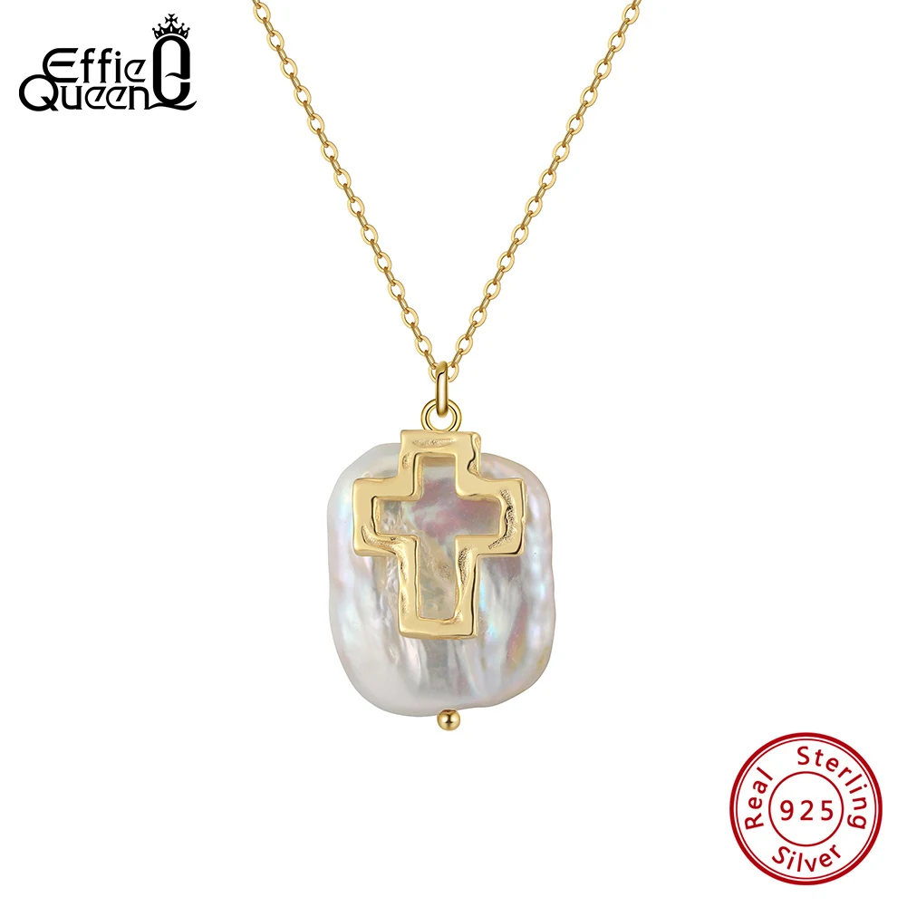 

EFFIE QUEEN, стерлинговое серебро 925 пробы, золото 14 карат, натуральный пресноводный жемчуг в стиле барокко, ожерелье, кабельная цепочка с крестом, орнамент, подарок GPN79
