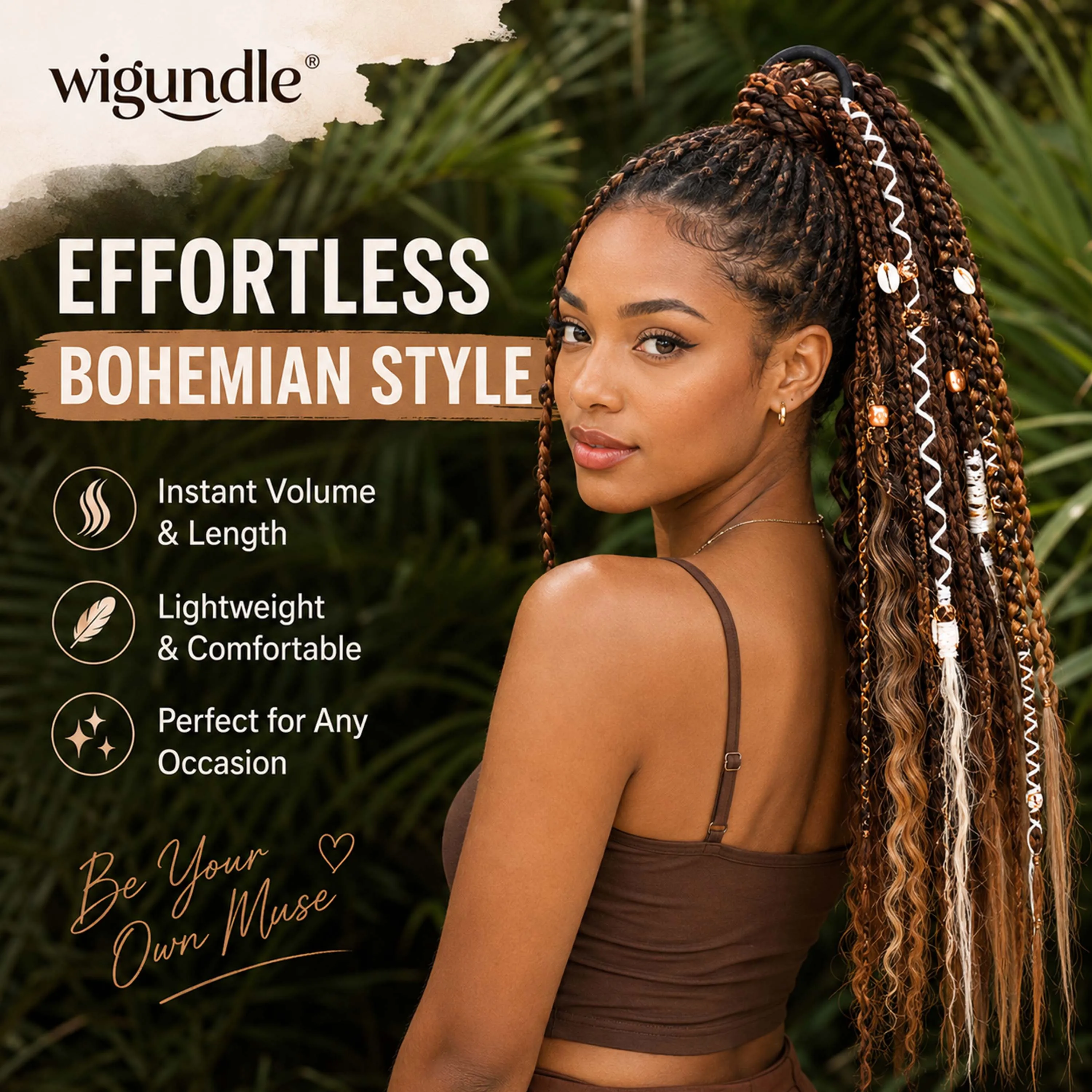 Wigundle Brown Bohemian Ponytail Braids, Lock Beaded Pony tail Hand Braids Locs,Synthetic Band Crochet Hair Extensions For Women
