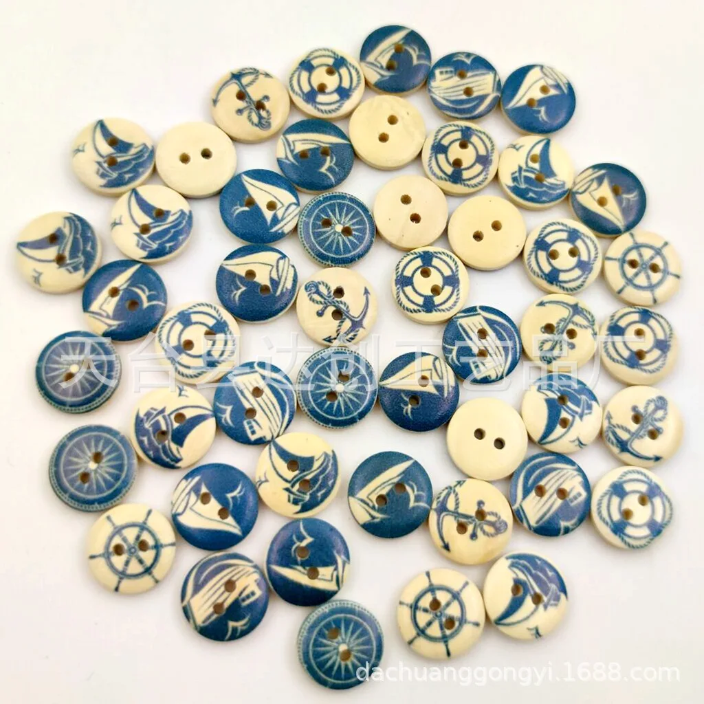 Bouton série bleu marine 15 mm, voilier, bouton à deux yeux, boucle d'ancrage à bouton en bois