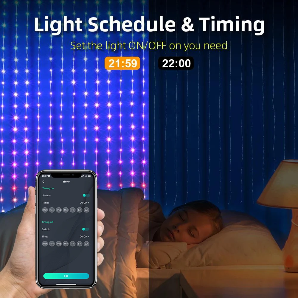 20m App & Fernbedienung Lichterketten Girlande RGB IC bunte DIY String hängen Vorhang Licht Innen-und Außen dekoration