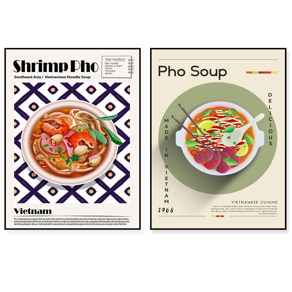 Vietnamese Food Art Kitchen Poster - Pho Sandwich Vietnamese Shrimp Noodles Spring Rolls Saigon Asian Cuisine Decor