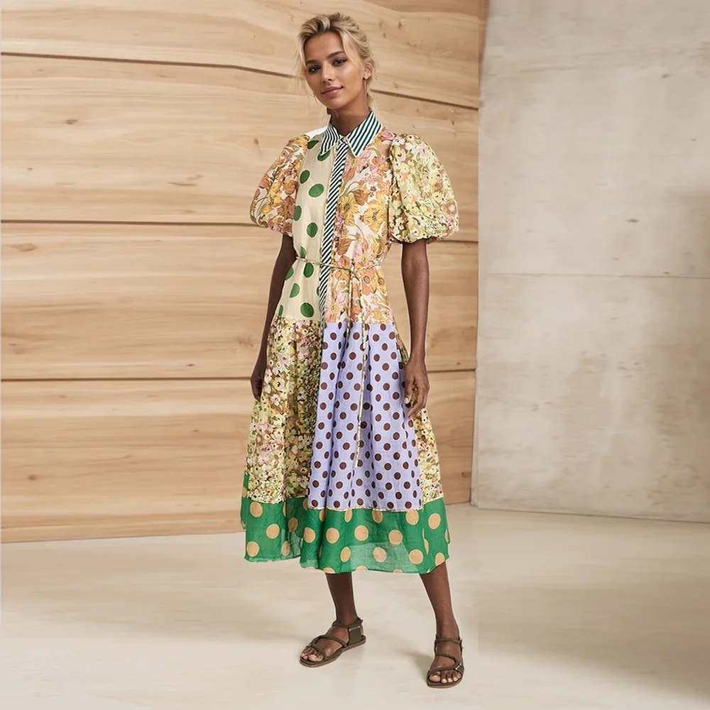 Sommer Neue Frauen Kleid Einreiher Lange Laterne Hülse Graffiti Print Krawatte Taille Kleid Strand Urlaub Floral Print Boho kleid