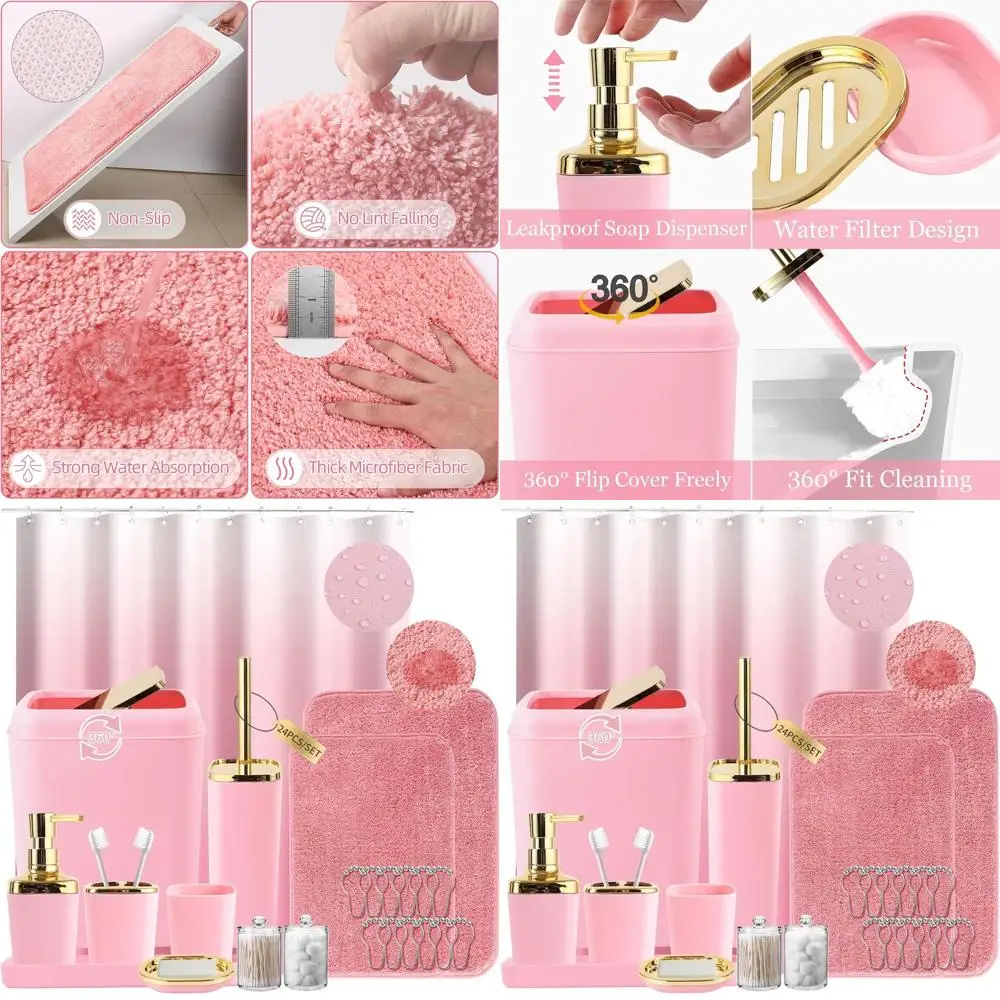 

Pink Bathroom Accessories Set: 24-Piece Shower Curtain, Rugs, Hooks, Soap Dispenser, Soap Dish, Toilet Brush Holder, Trash Can f