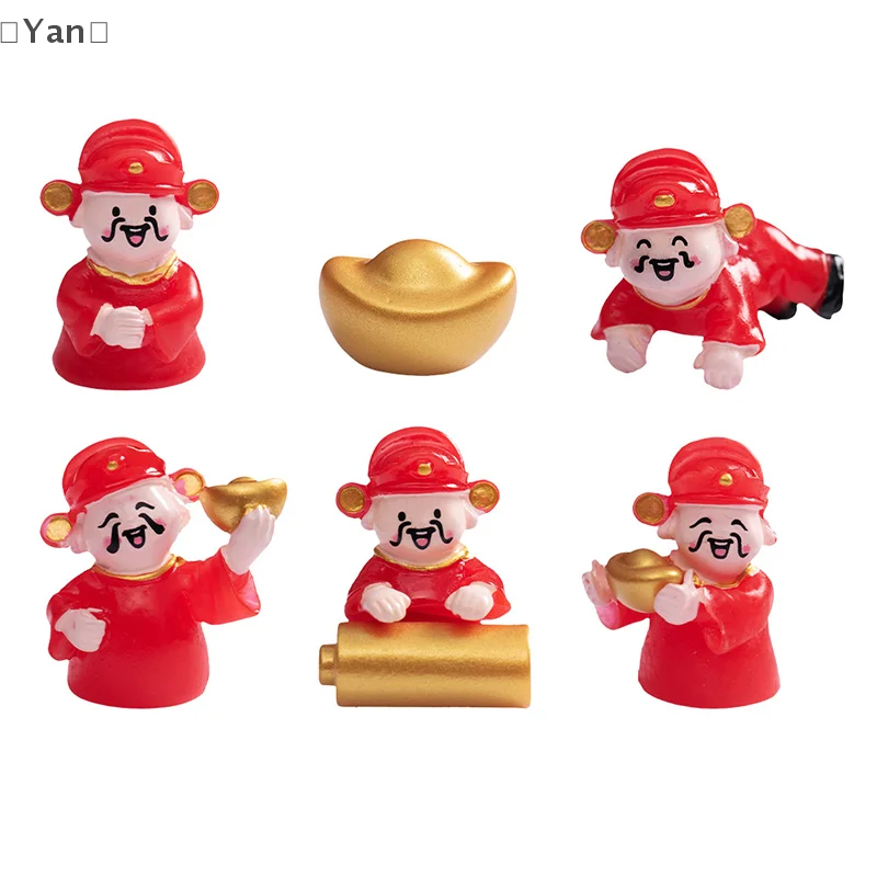 srpYan OtraYan Poh7Pcs/set New Year Luck Ornaments Cartoon Mini God Of Wealth Statue Figurki Micro Landscape Decoration Desktop Ornament