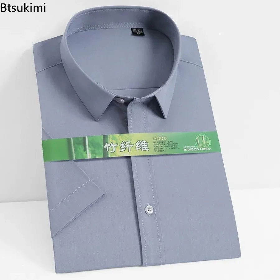 New Men's Office Business Dress Shirts Summer Short-sleeved Solid Breathable Bamboo Fiber Shirts Easy-care No Ironing Shirt Male