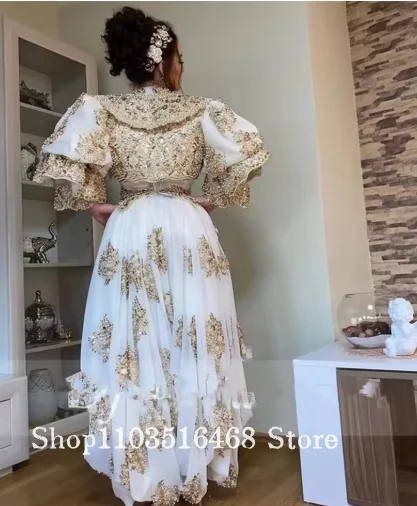 Algerien Kaftan Marocain de Soirée Brautkleider Gold Spitze Langarm Traditionelle Kosovo Vestidos Abendkleider Maßgeschneidert