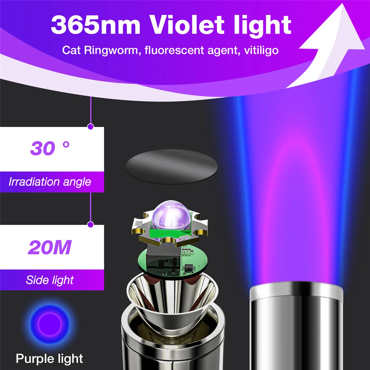 Lampe portable en bois, lumière noire UV pour chien de compagnie/chat, détecteur de teigne, détecteur d'urine animale, aste