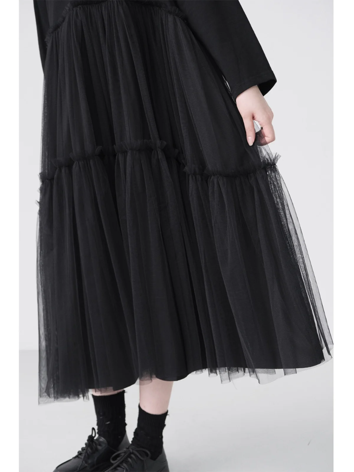 UMI MAO Yamamoto Dark Mesh Splicing Dress with Casual and Loose Bottom Black Long Dress Design