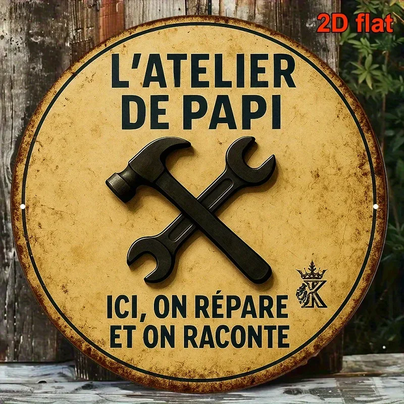 Vintage French Text 8 Inch Aluminum Wall Art, Rustproof Metal Sign for Garage Shed Cafe Bar, Dad Gift